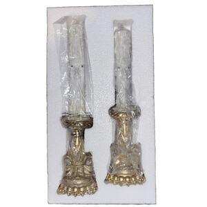 Moonlight Manor LED Lighted Halloween Candle Stick Set w Faces Gold Skull Base
